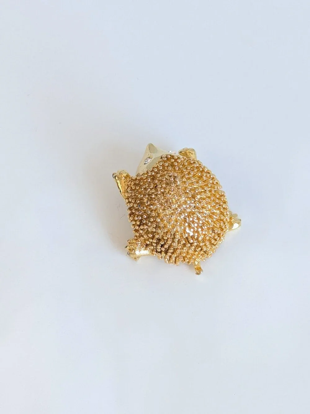 Vintage Hedgehog Brooch Gold Tone Rhinestone Eye Textured Figural Animal Pin